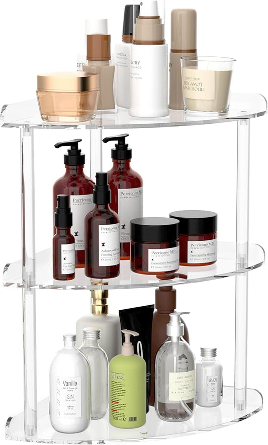 3 Tier Acrylic Corner Shelf Organizer Storage 9.5x9.5x15.7 Inch, Transparent Countertop Corner Shelf for Bathroom, Kitchen, Bedroom, Office, Study Room-NeatNest