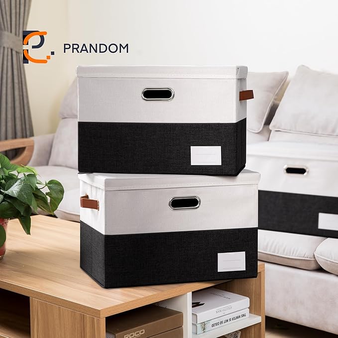 PRANDOM Foldable Storage Bins with Lids [3-Pack] Fabric Collapsible Storage Boxes Baskets Cubes Containers with Handles for Closet Living Room Bedroom (Black & White 17.7x11.8x11.8'')-NeatNest