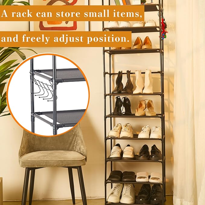 8 Tiers Shoe Rack 16-20 Pairs Shoe & Boots Sturdy Organizer Storage, Narrow Shoe Shelf for Entryway (Black, 8 Tiers)-NeatNest