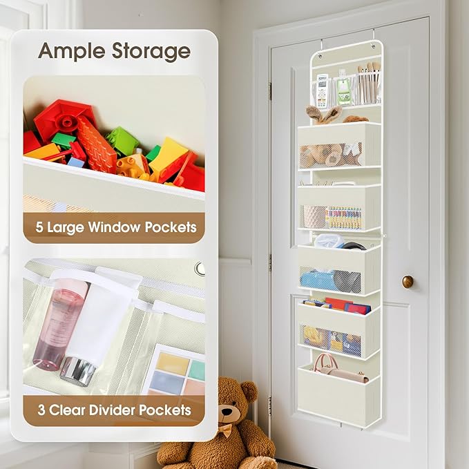 6-Tier Over The Door Organizer, Hanging Storage Organizer with Clear Window, 40lb Ultra Sturdy Large Capacity Room Organizer for Pantry Bathroom Nursery Closet Baby Essential (Beige)-NeatNest
