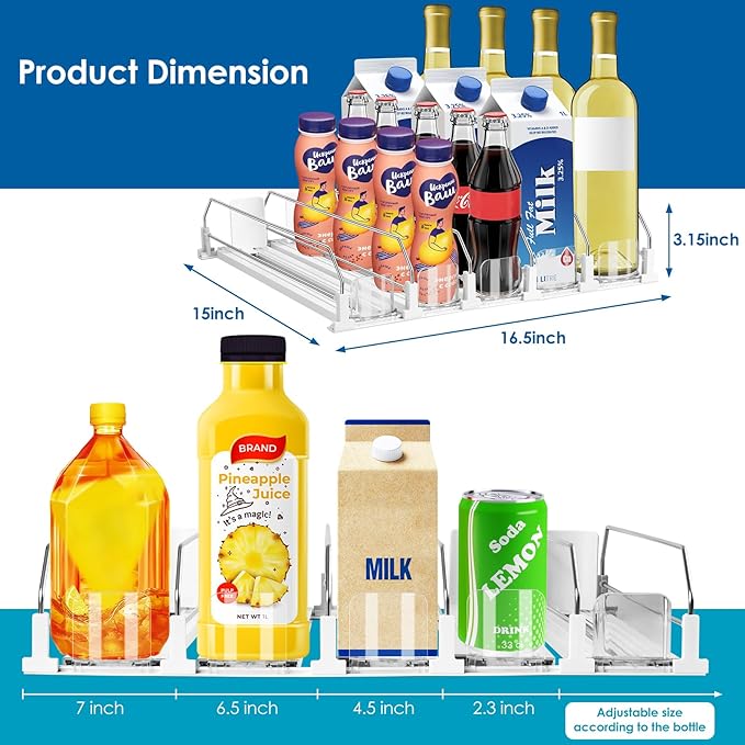 Drink Organizer for Fridge, Adjustable Width Soda Can Dispenser for Refrigerator Organizers and Storage, 5 Rows Beer Bottle Beverage Holder with Pusher Glide (16.54" L, White)
