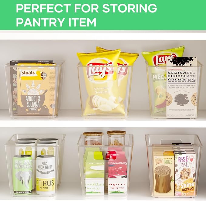 6 Pack Clear Plastic Storage Bins, 11" Large Pantry Organizer Bins with Handles, Plastic Containers for Refrigerator,BPA-Free Perfect for Kitchen,Fridge,Cabinet,Pantry,Bathroom,Closet Organization-NeatNest