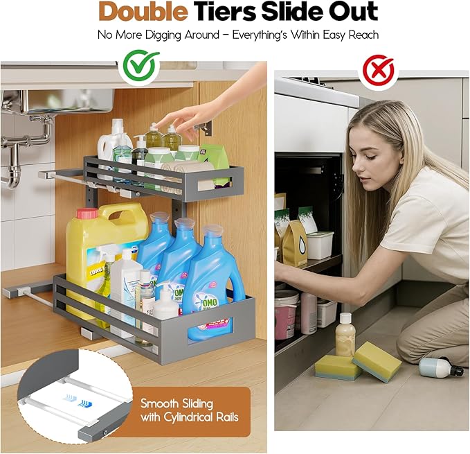 1-Pack Under Sink Organizers and Storage,2-Tier L Shape Pull Out Cabinet Organizer With Round Tube Slide Rails,Hight Adjustable Slide Out Drawers for Kitchen&Bathroom,Multi-Purpose Storage Shelf-Gray-NeatNest