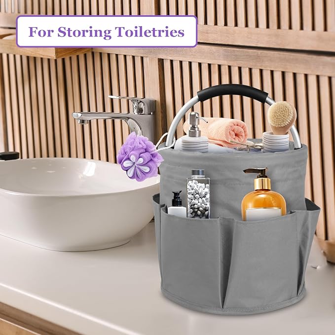 2Pcs Cleaning Caddy with Handle and 6 Pockets, 17L Foldable Cleaning Supply Caddy, Portable Shower Caddy in 600D Oxford Fabric, Multifunctional Storage Basket for Camping, Garden, Dark Gray-NeatNest