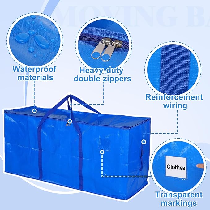 66 Gallon Extra Large Moving Bags - Heavy Duty Storage Bags with Zipper & Strong Handles, Blue Packing Bag for Moving, Storage, Travel and Camping, College Dorm & Home Supplies, 2 Pcs