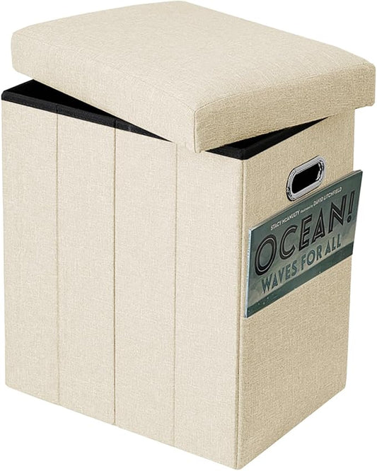 Tall Ottoman with Storage Collapsible Fabric Small Slim Folding Ottoman Furniture with Handles Lid for Room Footrest Foot Stool Linen Beige 16.5x16.5x11.8in