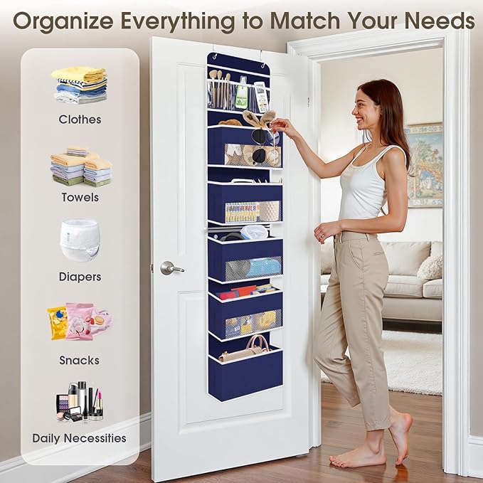 6-Tier Over The Door Organizer Hanging Storage Organizers with Clear Window 40lb Large Capacity Room Organizer for Pantry Bathroom Nursery Closet(Blue)-NeatNest