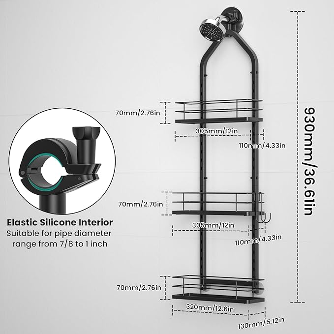 Shower Caddy Hanging (Black), Adjustable Anti-Swing-Over The Shower Head Caddy, 3 Tier Height Bathroom Storage Organizer Bathroom Shelves Basket Rack Shower Caddies (3Tier)