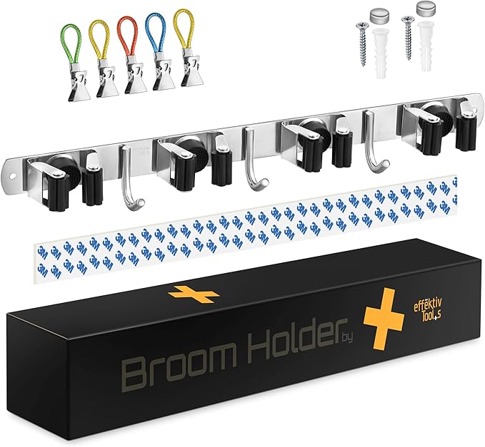 Mop and Broom Holder Wall Mount – Self-Adhesive Stainless Steel broom hanger organizer – 4 Clamps, 3 Hooks, 5 Towel Hanging Clips Mounting Screws – Holds Up to 40 Lbs-NeatNest