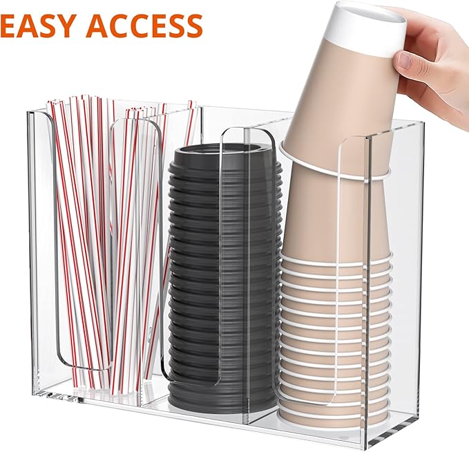 Richboom Acrylic Coffee Cup and Lid Storage Organizer Holder, 3 Compartments, Clear-NeatNest