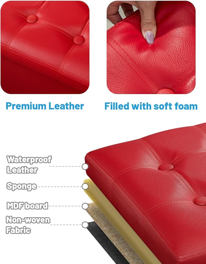 AmasSmile Storage Ottoman Folding Foot Rest Stool, Leather Footstool Bench, Short Ottoman Stool, Storage Foot Rest Store, Books (Red, 17" D x 13" W x 13" H)-NeatNest