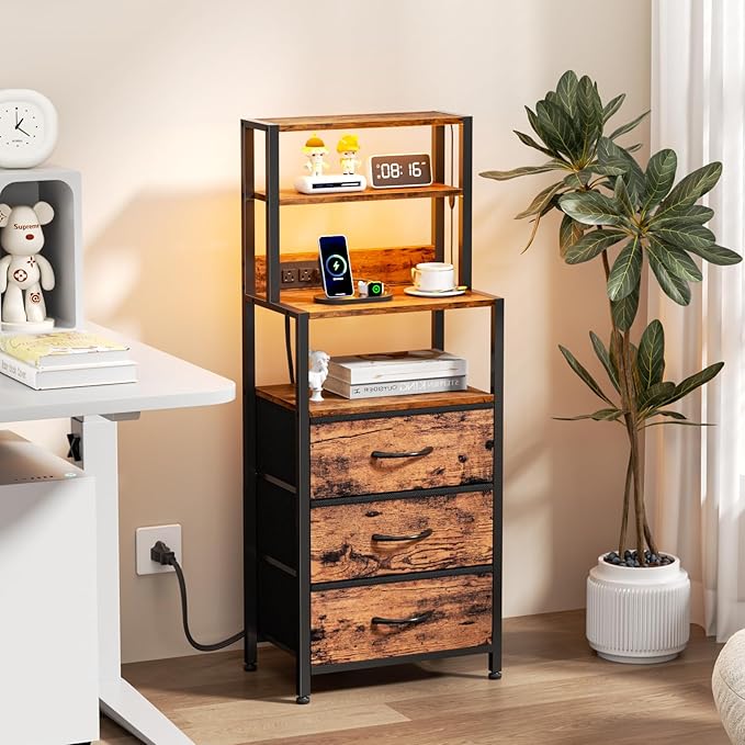 Furnulem Night Stand, Tall Nightstand with 4-Tier Shelves and 3 Fabric Drawers, LED Bed Side Tables with Charging Station, Bedside Table for Bedroom, Hallway, Office, Rustic Brown