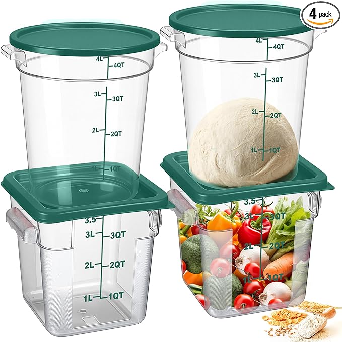 4 Pcs Food Storage Container with Lids Set 4 Qt Square and Round Clear PC Commercial Containers with Scale Handle for Home Restaurant Kitchen Food Storage, Dough Rise, Flour(Green)