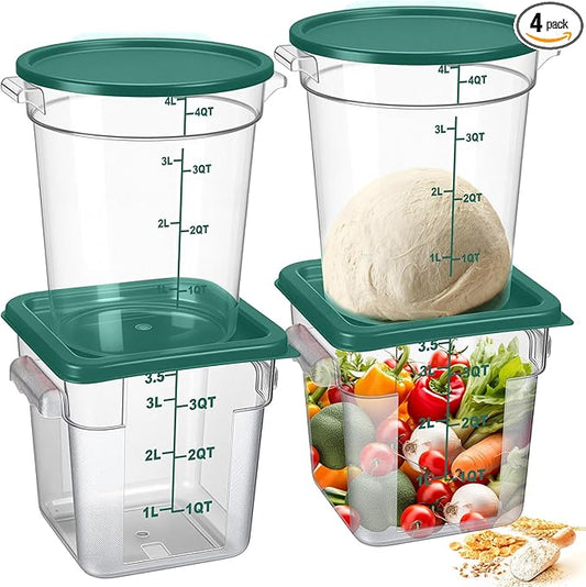 4 Pcs Food Storage Container with Lids Set 4 Qt Square and Round Clear PC Commercial Containers with Scale Handle for Home Restaurant Kitchen Food Storage, Dough Rise, Flour(Green)