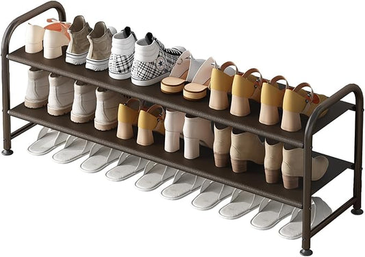 Shoe Rack 2 Tier Long Storage Organizer Wide Metal Shoe Shelf for Closet Entryway Brown-NeatNest