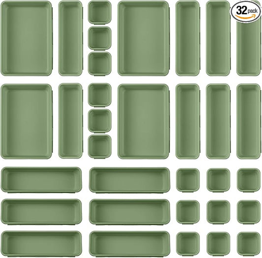 32 Pcs Desk Drawer Organizer Office Organization Tray Versatile Vanity Organizer with Nonslip Pads Makeup for Divider Drawer Storage Box Container for Kitchen Bedroom(Dark Green)