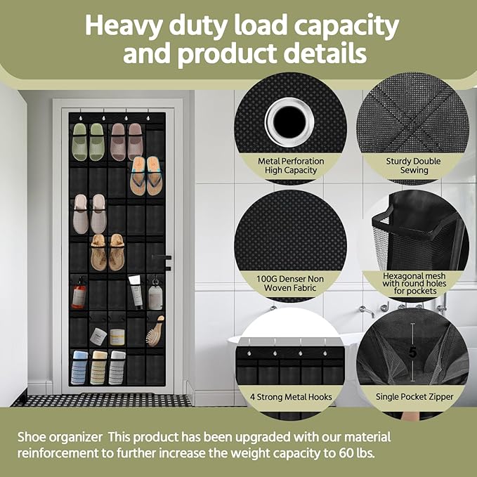 PAULONE 35 Pocket Over the Door Shoe Organizer,Reusable Breathable Large Mesh Bag Men's & Women's Sneaker Organizer,Shoe Organizer for Kids,Hanging Shoe Storage Hanging Bag (Black)-NeatNest
