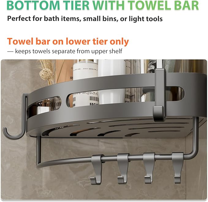 Adhesive Shower Corner Caddy，Heavy Duty Shower Corner Shelves Rack with 8 Hooks and 1 Towel Bar，Rustproof Bathroom Organizer No Drilling Wall Mounted(2 Pack-Gunmetal)