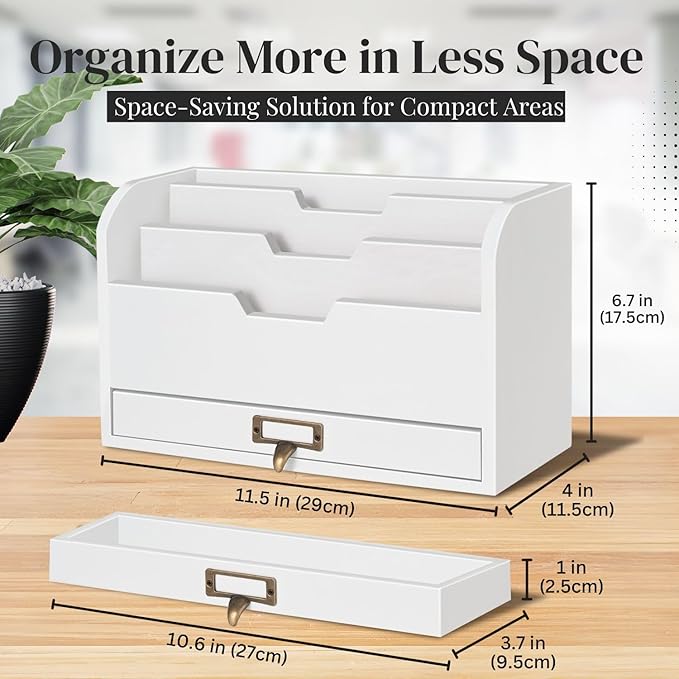 Flexzion 3 Tier Wooden Desk Organizer - Country Rustic Mail Organizer Countertop Compartments Slot File Tray Pencil Sorter Shelf Holder Accessories Set with Storage Drawer for Home Office, Beige Wood-NeatNest