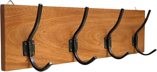 Coat Rack, Handmade, 4 Hanger Hook, Mahogany Hardwood, Durable Rustic Wall Mount, Versatile Hanger for Entryway, Bedroom, Bathroom, Farmhouse Boho Decor, 18" Natural Finish-NeatNest