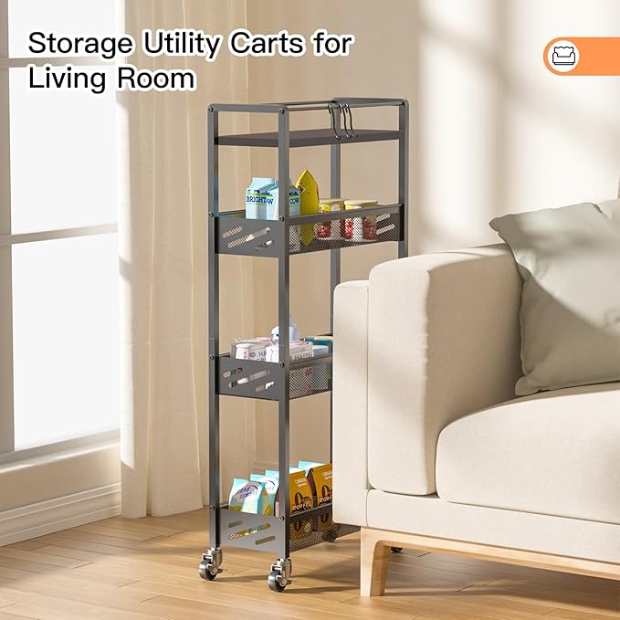 DGSNADGO Slim Rolling Storage Cart, 4-Tier Kitchen Cart on Wheels, Narrow Utility Cart with Handle and Wooden Tabletop for Small Space in Kitchen, Living Room, Bathroom, Laundry Room, Beige (Black)