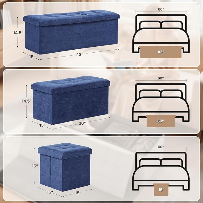 Ottoman Folding Storage Bench, 15x15x15 Inch, Foot Rest Stool for Living Room, Bedroom, Entryway, End of Bed - Multi-Functional Ottoman with Storage Navy Blue