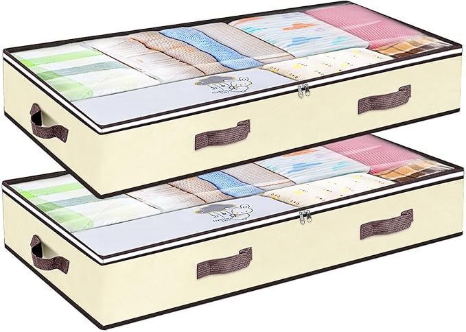 90L Under Bed Storage Containers, Underbed Toy Organizers and Clothing Storage Bags, Closet Storage Bins with Clear Window for Organizing Blanket Comforter Bedding Clothes Bedroom Dorm, 2 Pack Beige-NeatNest