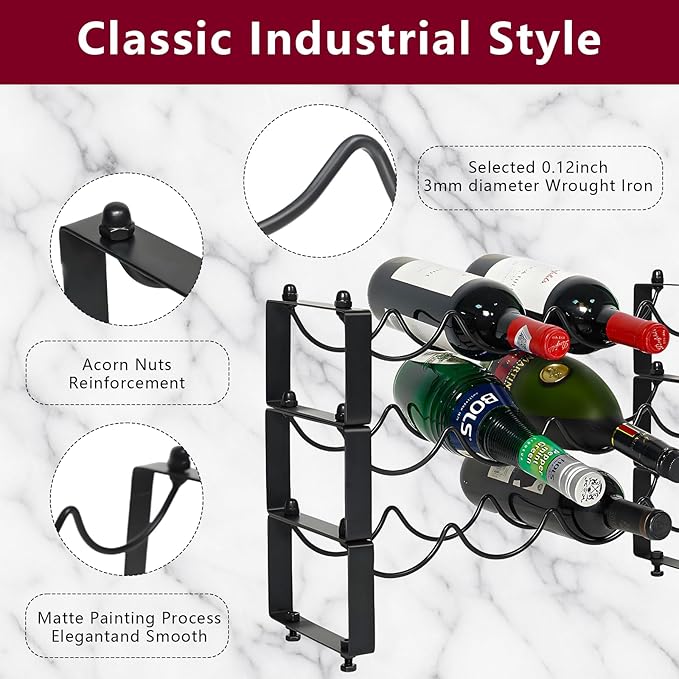 3 Tiered 12-Bottle Metal Wine Rack - Sturdy Wave Design with Reinforced Base | Stackable, Space-Saving Bar, Countertop, or Cabinet Storage (3)