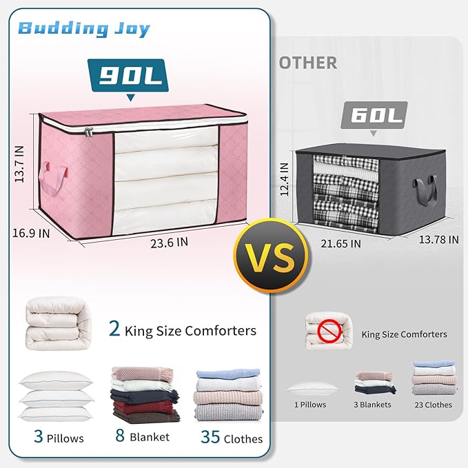 Budding Joy 90 L Large Storage Bags, 2 Pack Clothes Storage Bins Foldable Closet Organizer Storage Containers Storage and Organization for Blanket, Comforters, Bed Sheets, Pillows and Toys (Pink)-NeatNest