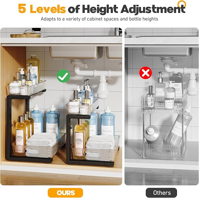 2 Pack Under Sink Organizer, 2-Tier Pull Out Cabinet Organizer, Elegant Acrylic Under Sink Storage Shelf for Kitchen Bathroom Cabinet, L-Shaped Adjustable Height for Maximum Space Efficiency-Black-NeatNest