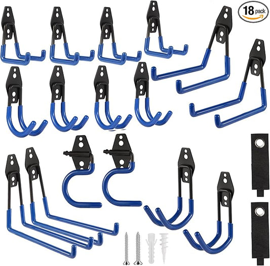 Garage Hook Heavy Duty Wall Storage Hangers, 18 Pack Garage Storage Hooks Steel Tool Blue for Ladders, Ropes, Garden Tools-NeatNest