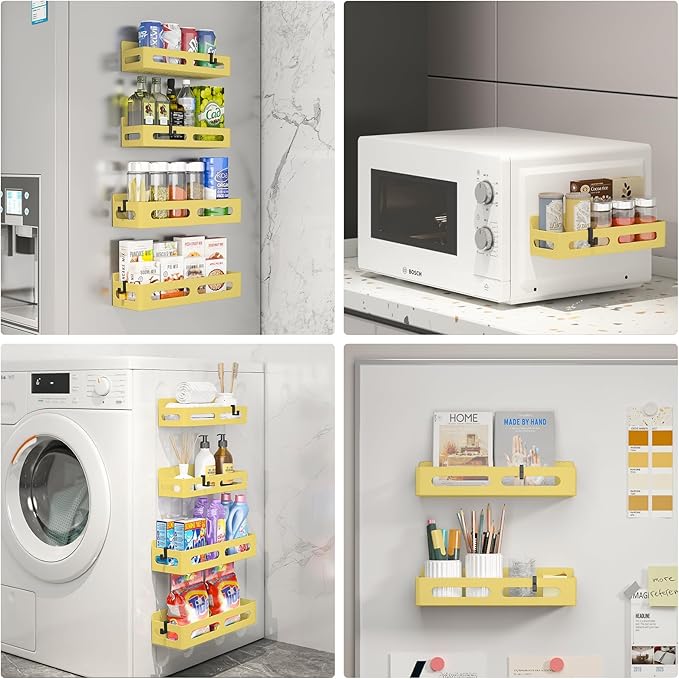 4 Pack Magnetic Spice Rack for Refrigerator, Spice Rack Organizer, Moveable Magnetic Shelf Fridge Organizer with 4 Hooks for Kitchen and Oven Organization, Yellow