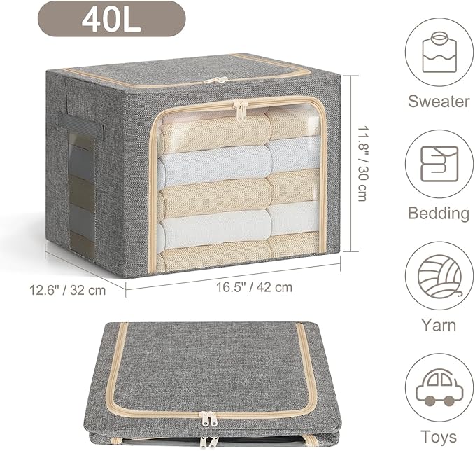 2-Pack Clothes Storage Bags, Foldable Storage Bins with Metal Frame, Clear Window, Reinforced Handles, Durable Non-Woven Fabric for Clothes, Bedding, Blankets, 40L, Gray-NeatNest