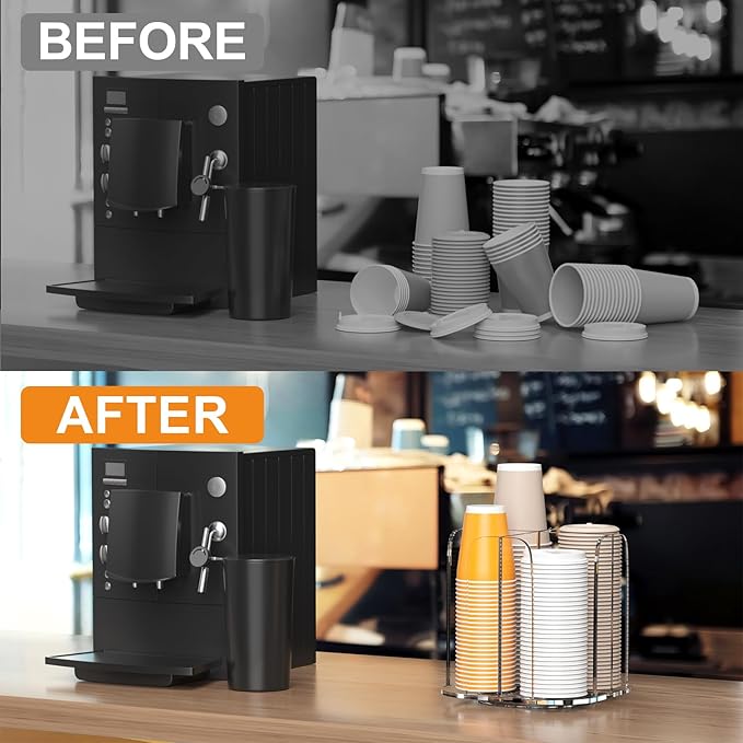 Beego Rotatable 4-Compartment Acrylic Cup Dispenser - Coffee Station Cup and Lid Carousel Countertop Plastic Cup Holder for Restaurant Breakroom Coffee Bar-NeatNest