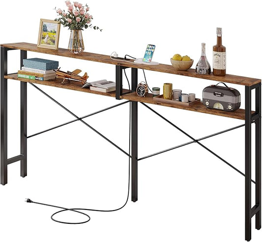 IRONCK Console Table with Power Outlet, Long Sofa Table with Shelves and X-Shaped Design, Narrow Sofa Entryway Behind Couch Table for Living Room and Hallway, Vintage Brown-NeatNest