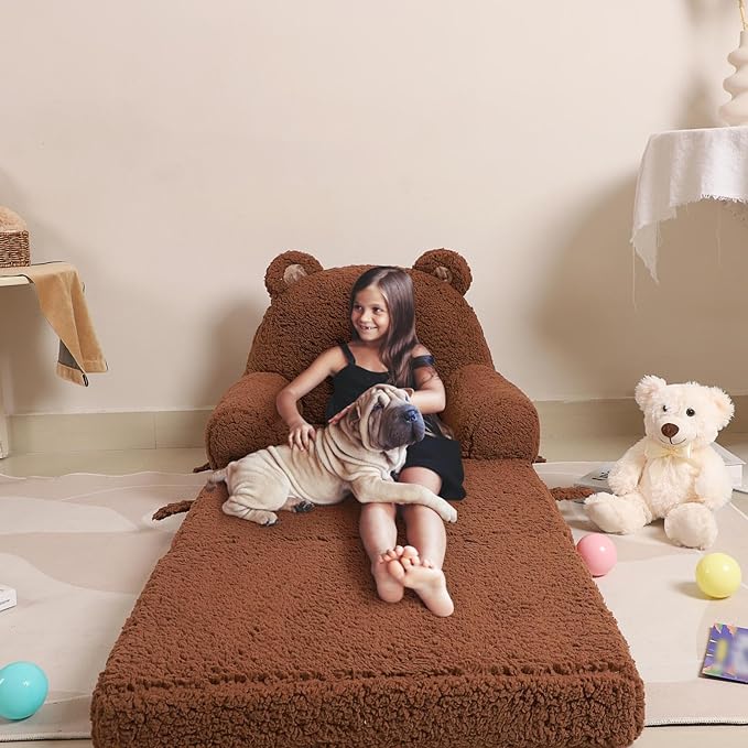 Foldable Sofa for Kids, Sherpa Teddy Bear Toddler Couch With Tri Folding Foam Cushions, Comfy for Ages 3-6-NeatNest