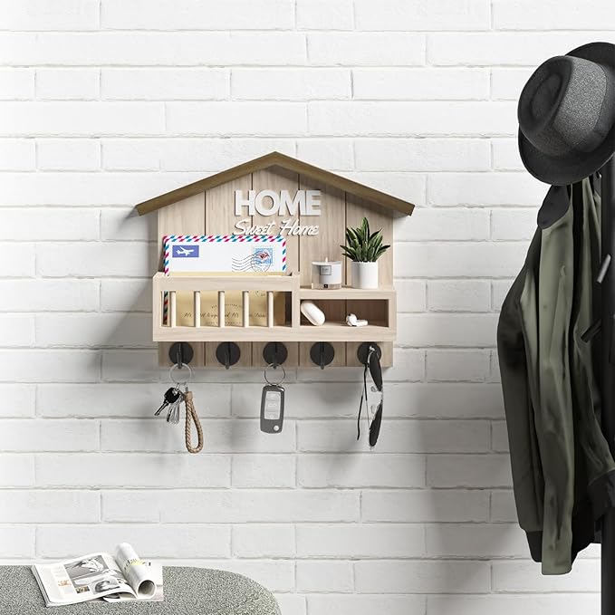 Key and Mail Holder for Wall, Wall Key Holder with Shelf, Home Key Holder for Wall, Wood Key Holder Wall Mount, Mail Organizer Wall Mounted, Entryway & Front Door Key Holder with 5 Hooks(White)