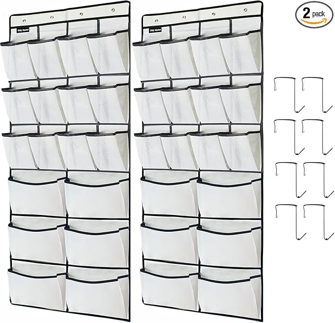 2 Pack Extra Large Hanging Over Door Shoe Organizers, 12 Mesh Pockets + 6 Large Mesh Storage Various Compartments with 8 Hooks Shoes Holder for Closet Bedroom, White (59 x 21.6 inch)-NeatNest