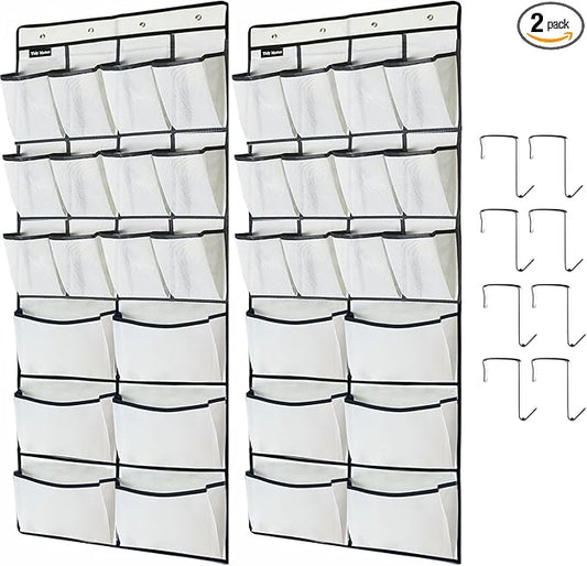 2 Pack Extra Large Hanging Over Door Shoe Organizers, 12 Mesh Pockets + 6 Large Mesh Storage Various Compartments with 8 Hooks Shoes Holder for Closet Bedroom, White (59 x 21.6 inch)-NeatNest