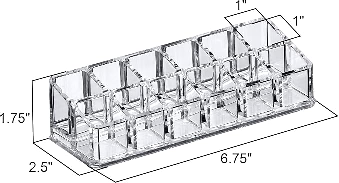 Amazing Abby - Glamour - 12-Slot Acrylic Lipstick Organizer, Lipstick Holder, Lip Gloss Holder, Cosmetic Storage Display, Perfect Storage Solution for Drawer and Vanity (Slot Size: 0.9" x 0.9")-NeatNest