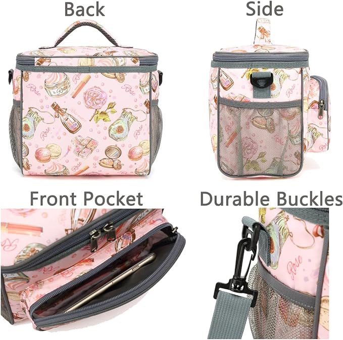 FlowFly Insulated Reusable Lunch Bag Adult Large Lunch Box for Women and Men with Adjustable Shoulder Strap,Front Zipper Pocket and Dual Large Mesh Side Pockets,Rose-NeatNest