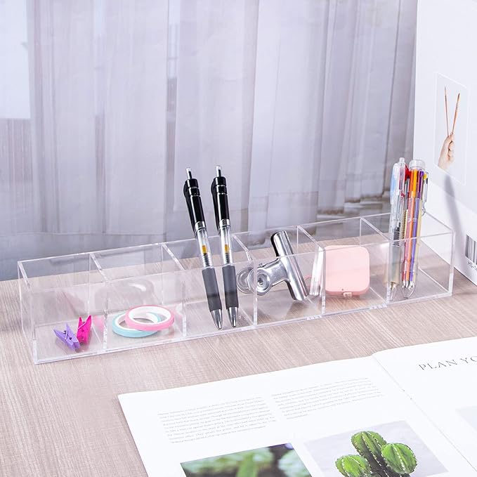 dedoot Clear Drawer Organizer, 6 Compartments Acrylic Organizer Durable Plastic Square Cube Storage Bin for Makeup, Jewelry, Pen, Small Items, 15x2.5x2.6inches-NeatNest