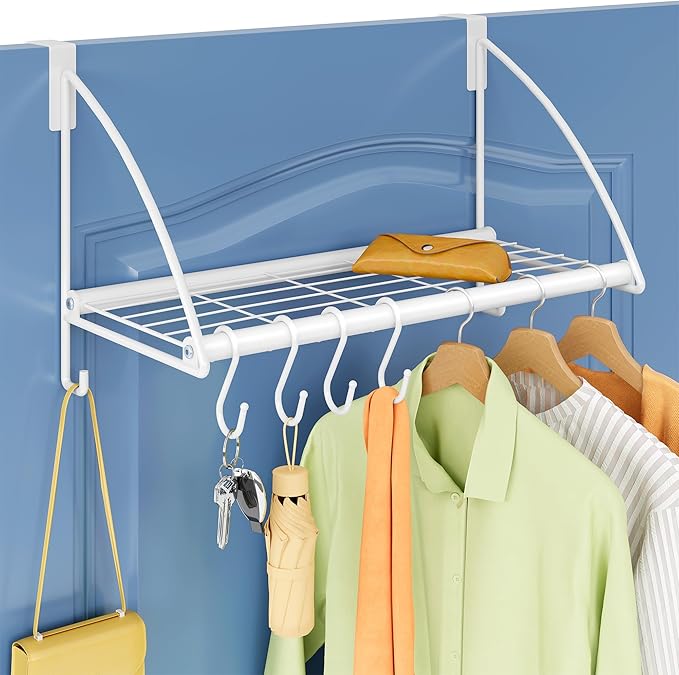 Tajsoon Over The Door Hanger with Storage Rack and 6 Hooks, Over The Door Clothes Rack for Hanging Towel & Coat, Over The Door Clothes Drying Racks for Bathroom, Bedroom, Living Room, White