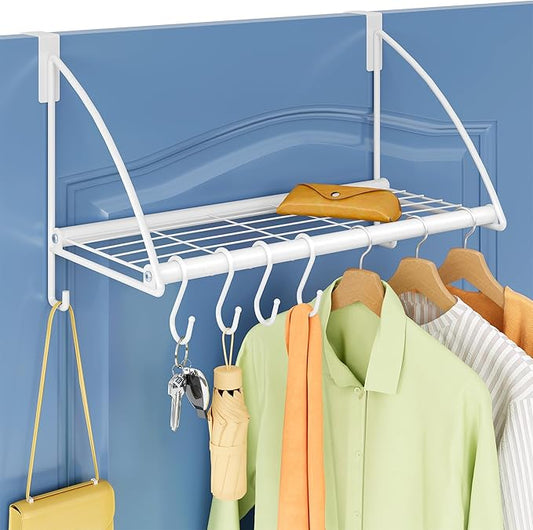 Tajsoon Over The Door Hanger with Storage Rack and 6 Hooks, Over The Door Clothes Rack for Hanging Towel & Coat, Over The Door Clothes Drying Racks for Bathroom, Bedroom, Living Room, White