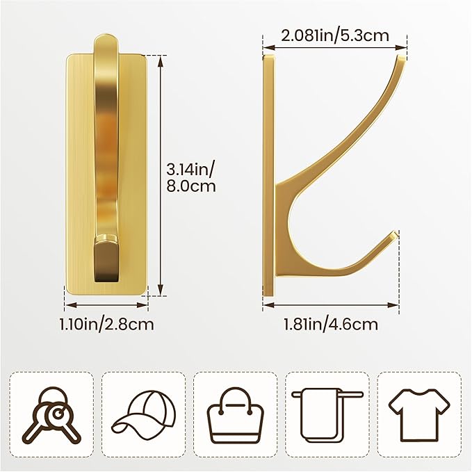 Gold Self Adhesive Towel Hooks, Extra Sticky and Strong 10LB, Stainless Hook for Bathroom, 4 Pack