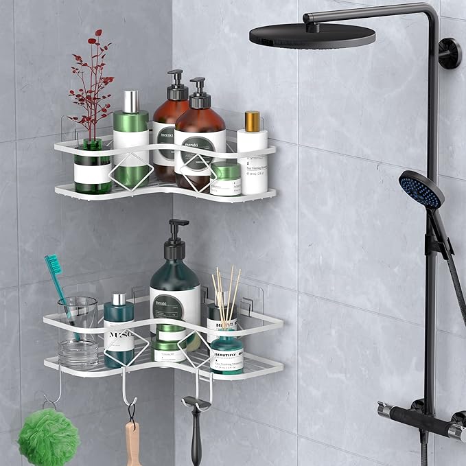 Kadolina Large Corner Shower Caddy Shelf, 2 Pack Adhesive Bathroom Shower Organizer Shelves, No Drilling Rustproof Wall Mounted Shower Storage Basket Shampoo Holder Organizer (White)