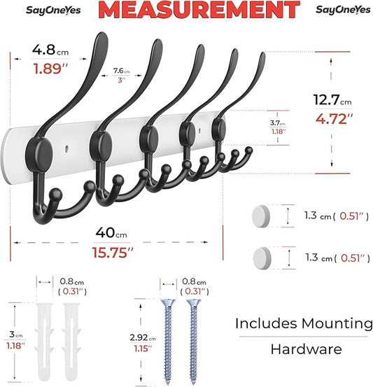 Coat Rack Wall Mount with 5 Tri Hooks, Stainless Steel 16 Inch – White & Black Matte Finish, Heavy Duty Wall Mounted Hook Rack for Coats, Hats, Towels, Scarfs, Robes, Bags, Entryway & Bathroom, 2 Pack-NeatNest