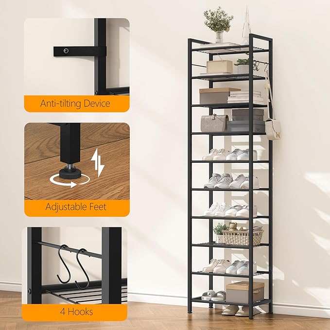 usikey 10 Tiers Narrow Shoe Rack 20-30 Pairs, Sturdy Metal Tall Shoe Rack Shelf with 4 Hooks, Slim Shoe Storage with Metal Shelf, Space Saving Vertical Shoe Organizer for Entryway, Closets, Black