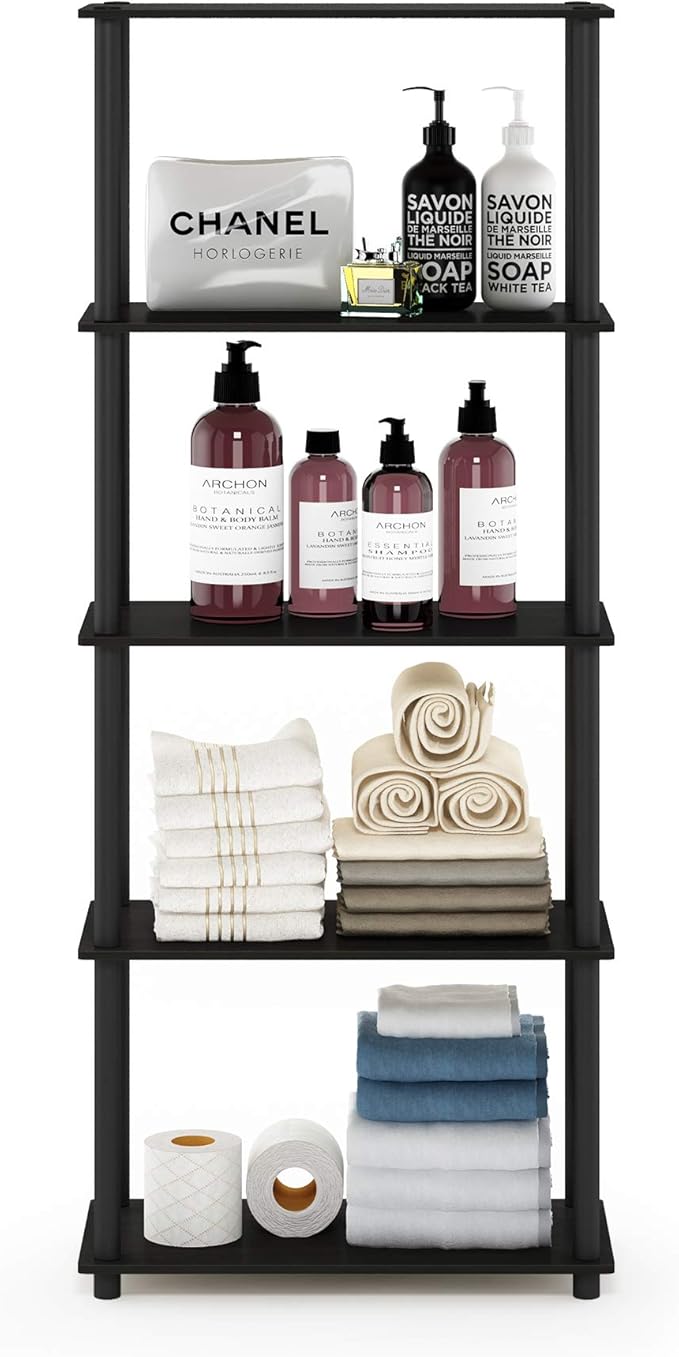 Furinno Turn-N-Tube 5-Tier Multipurpose Shelf / Display Rack / Storage Shelf / Bookshelf, Round Tubes, Espresso/Black-NeatNest