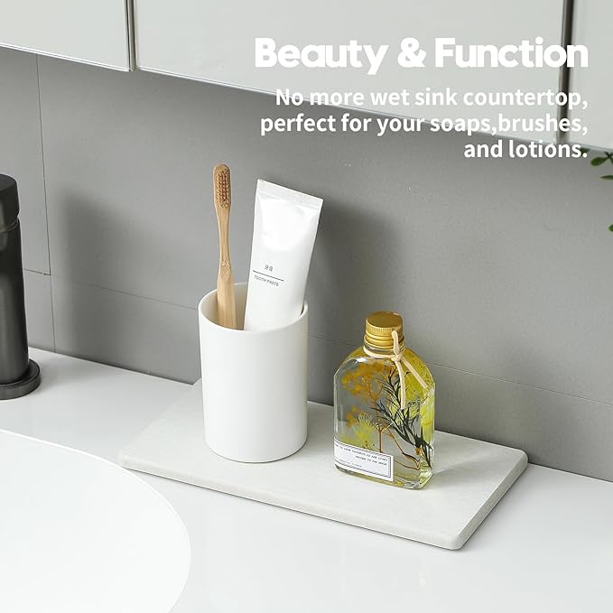 2PCS 10"x 5" Large Bathroom Sink Vanity Trays, Water Absorbing Diatomite Stone Quick Drying Mat for Kitchen Counter, Dish Rack Dispensers Sponge Holder Caddy Organizer, Beige, 10"x 5"-NeatNest